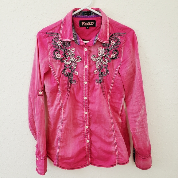Roar Tops - Roar | Western Button Up Bling Top Pink Size M